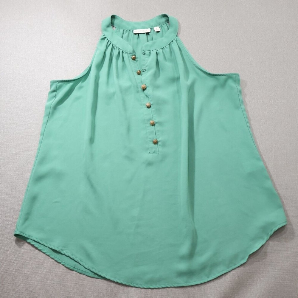 Eva Mendes Halter Top Sleeveless Shirt M Jade Green Flowy Gold Buttons